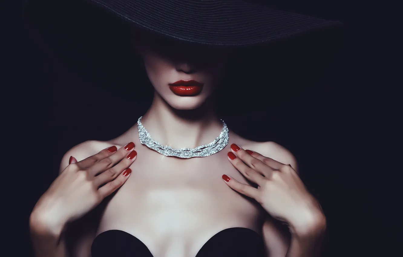 Photo wallpaper fashion, hat, Lips painted, haute couture, diamond chain