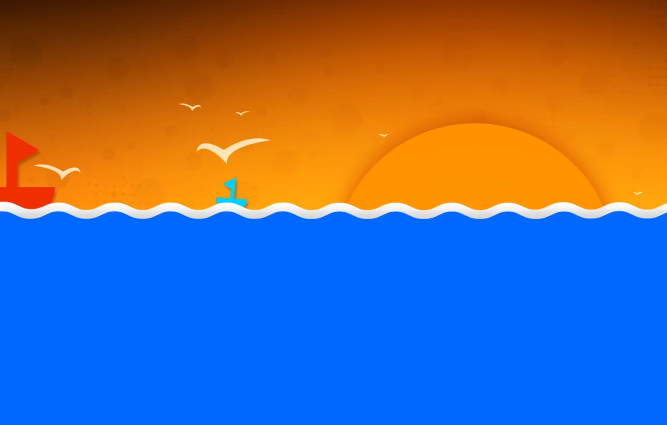 Photo wallpaper sea, wave, the sky, the sun, landscape, birds, boat