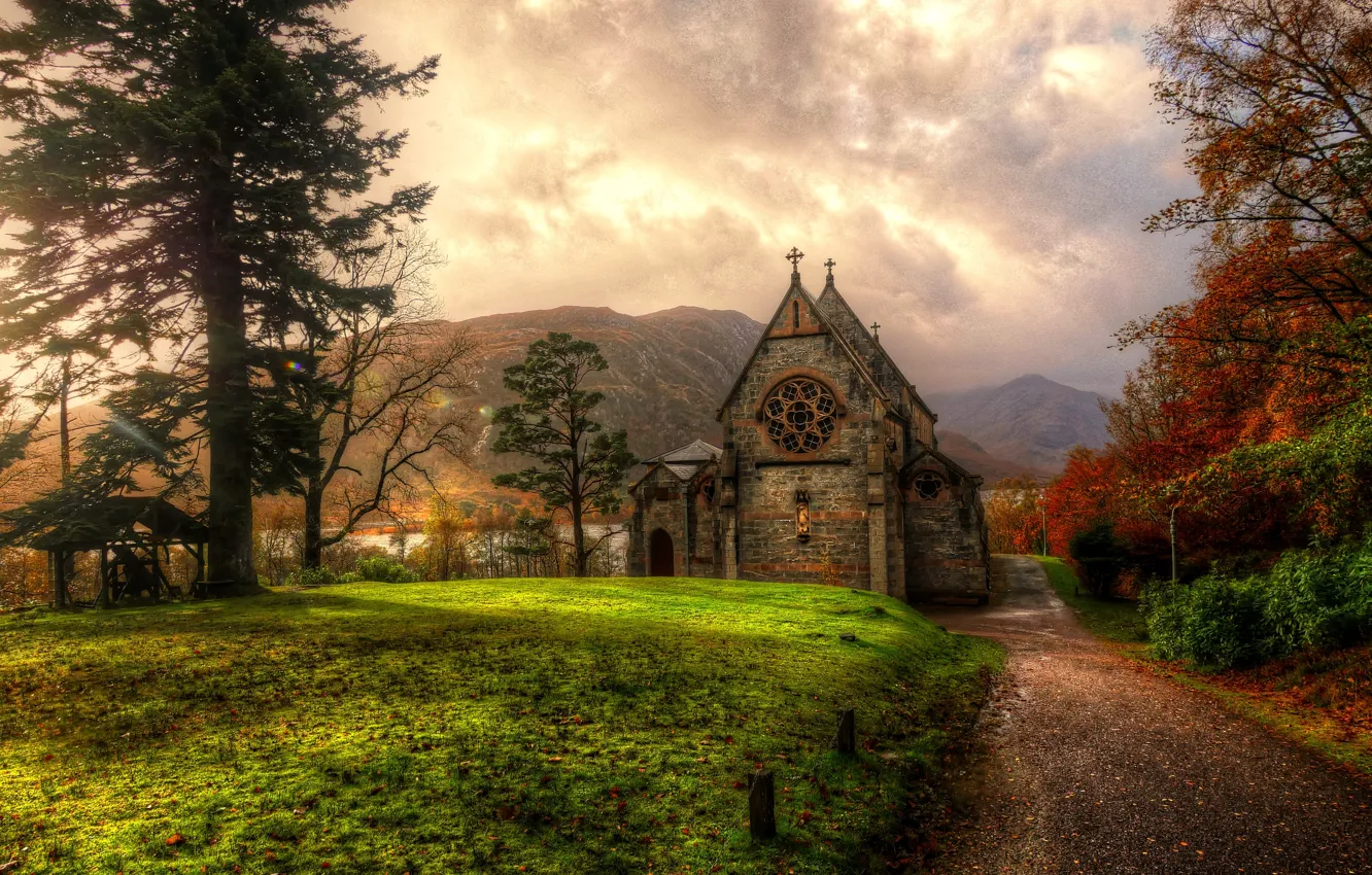 Photo wallpaper mountains, HDR, Scotland, Church