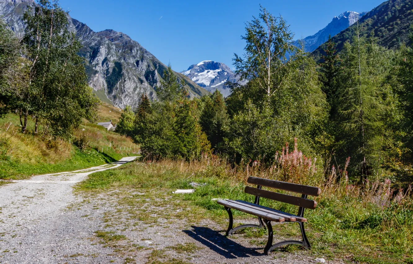 Photo wallpaper mountains, bench, France, track, Savoie, Albertville