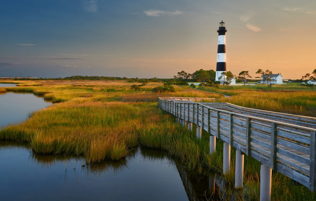 Photo wallpaper grass, bridge, shore, lighthouse, pierce, pond