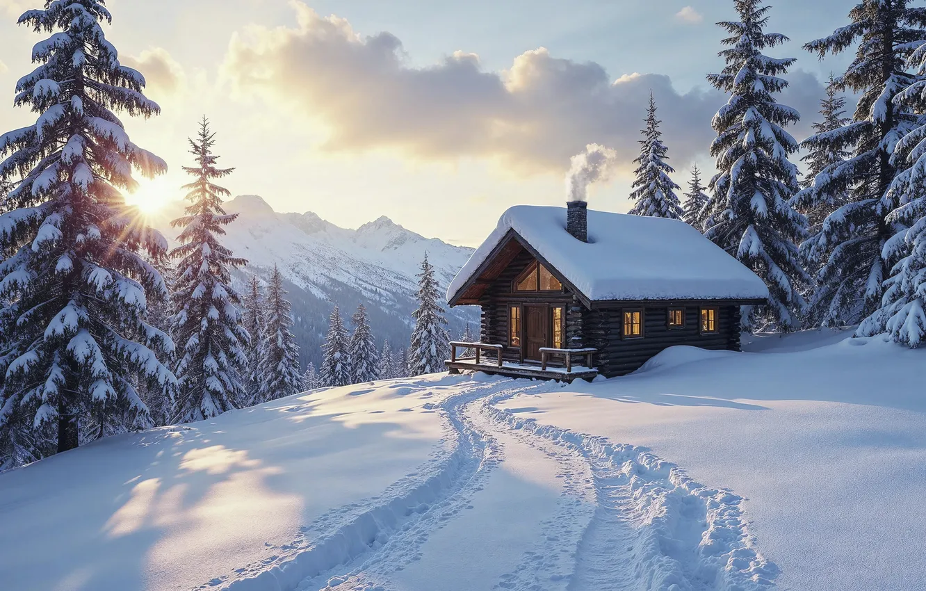 Photo wallpaper winter, forest, snow, mountains, tree, house, house, hut