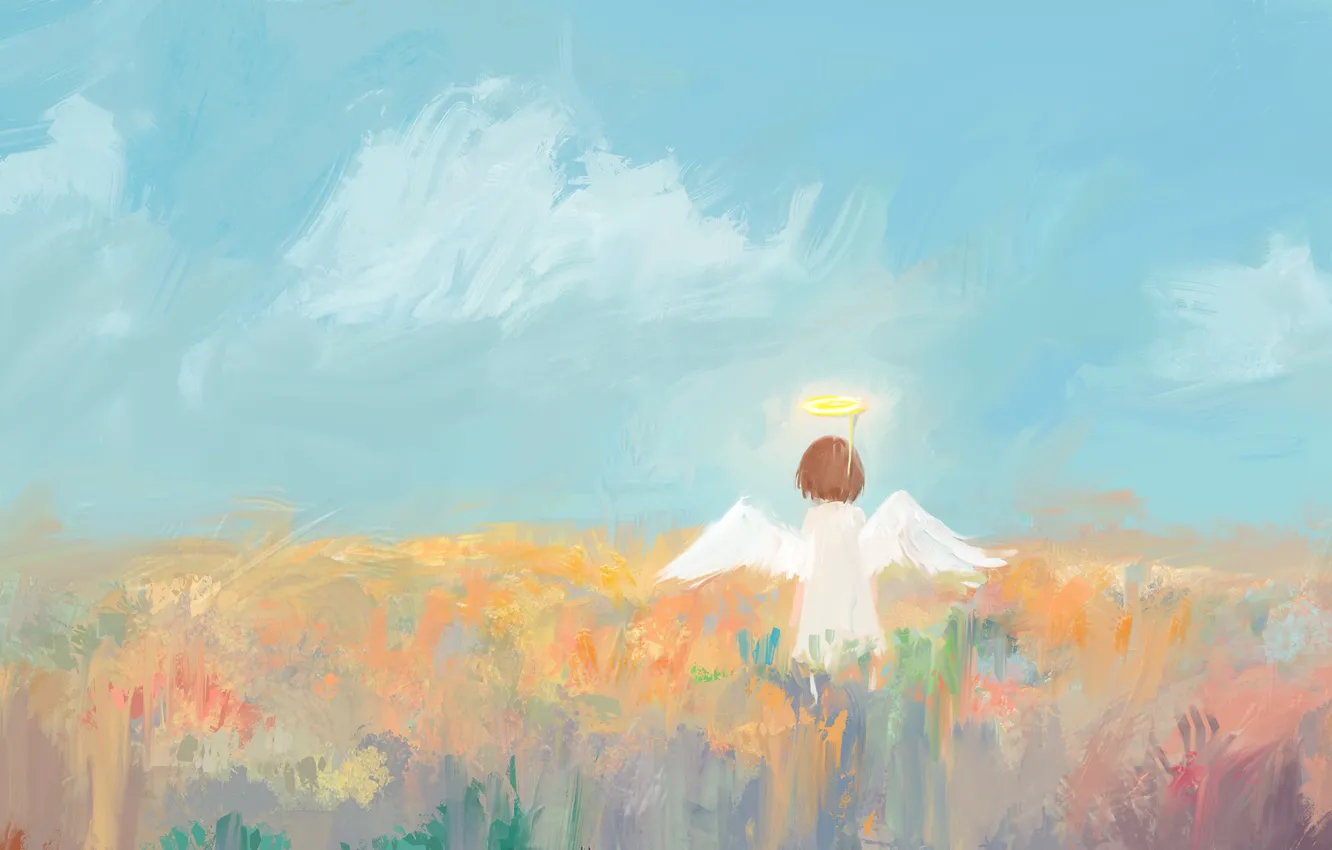 Photo wallpaper the sky, grass, angel, girl