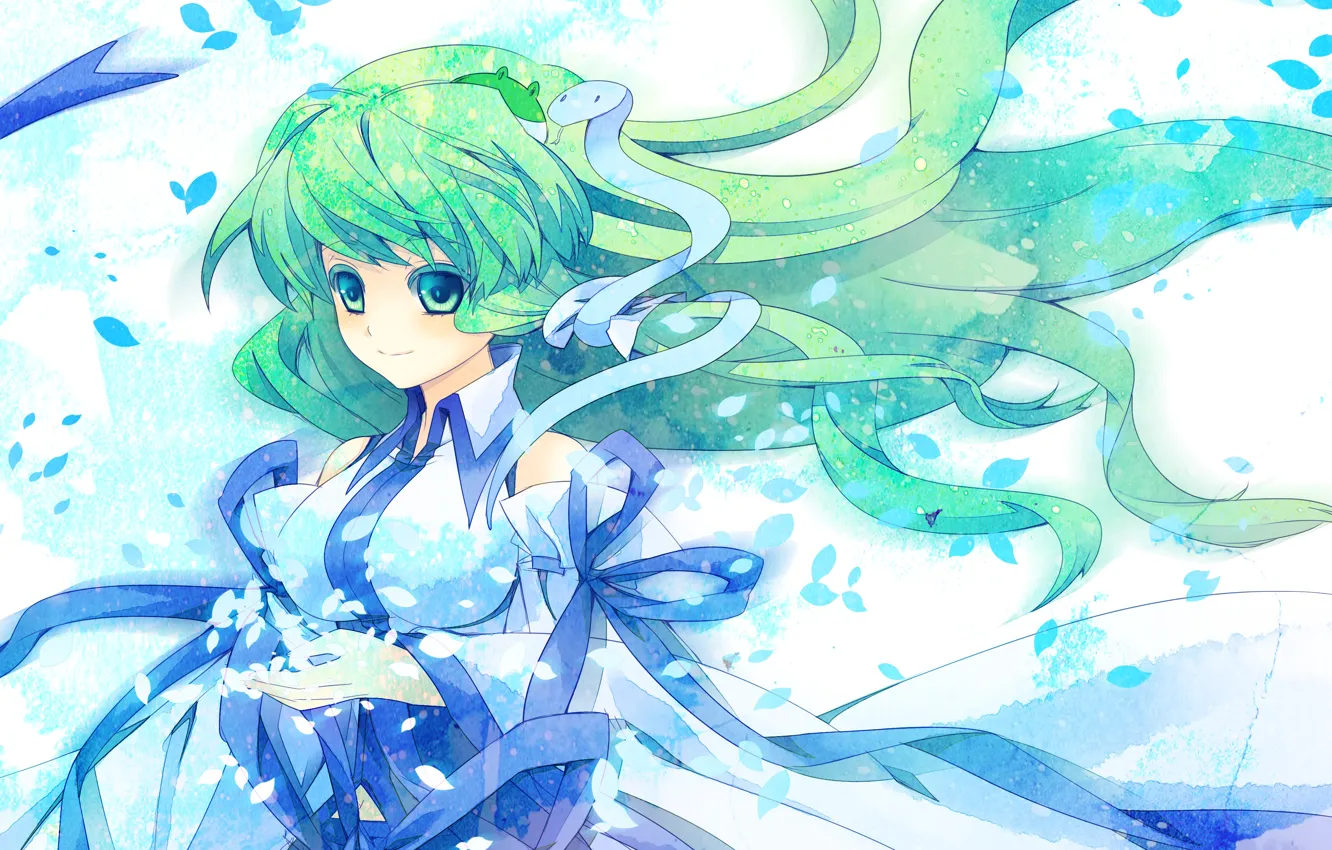 Photo wallpaper petals, tape, priestess, green hair, art, big eyes, Kochi Have Done The Art, white snake