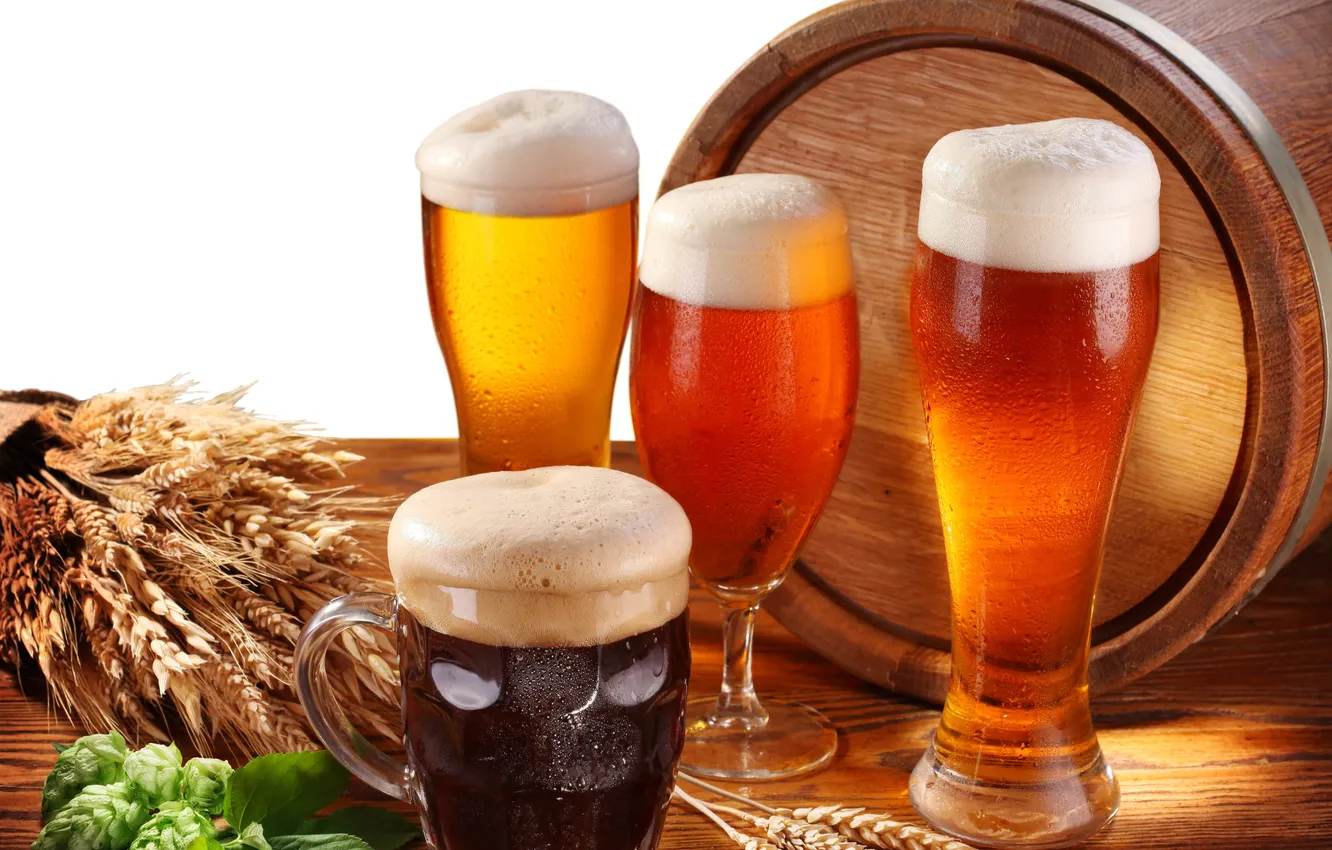 Photo wallpaper table, beer, glasses, glasses, light, barrel, hops, Peno
