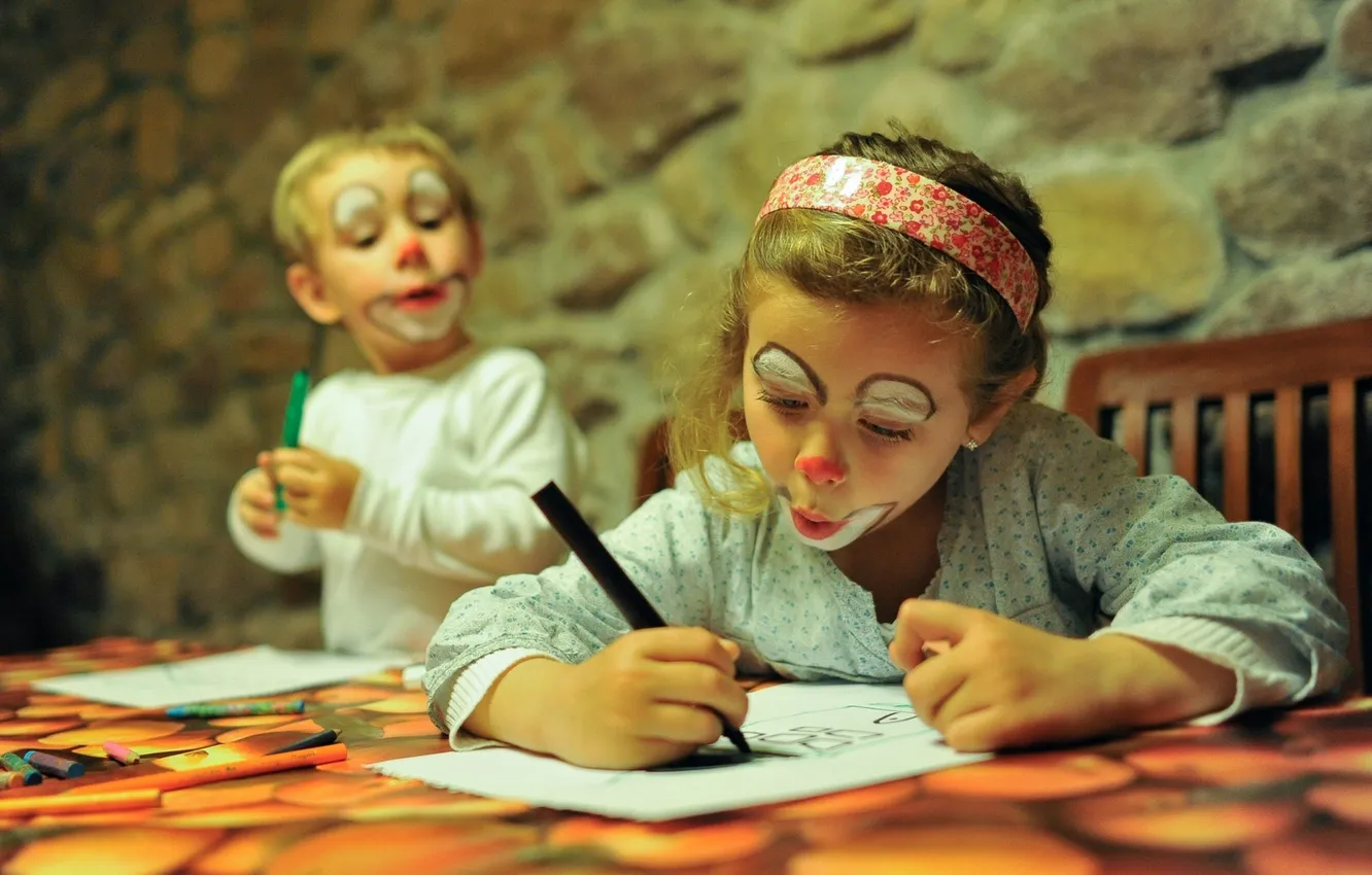Photo wallpaper children, boy, girl, drawing