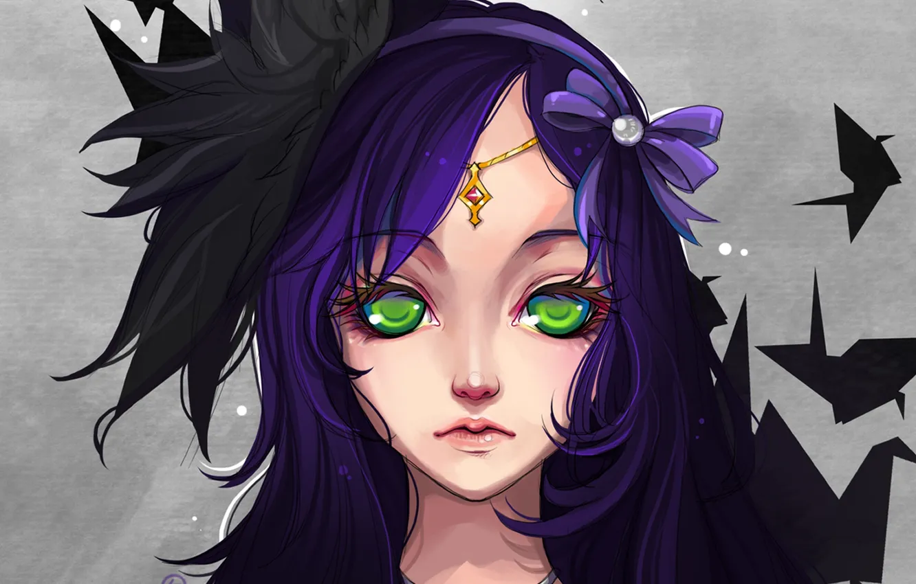 Photo wallpaper girl, bow, origami, green eyes