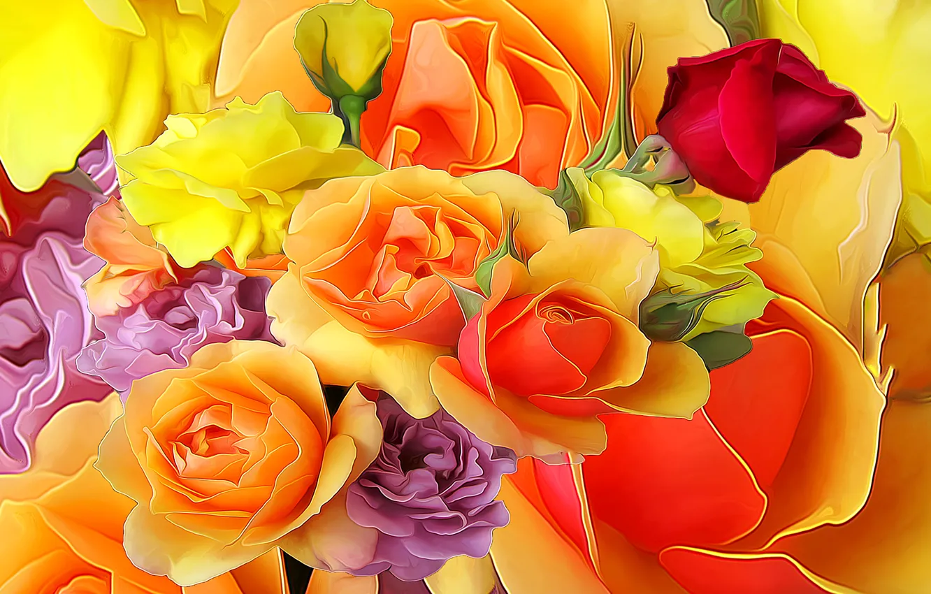 Photo wallpaper line, flowers, paint, rose, bouquet, petals