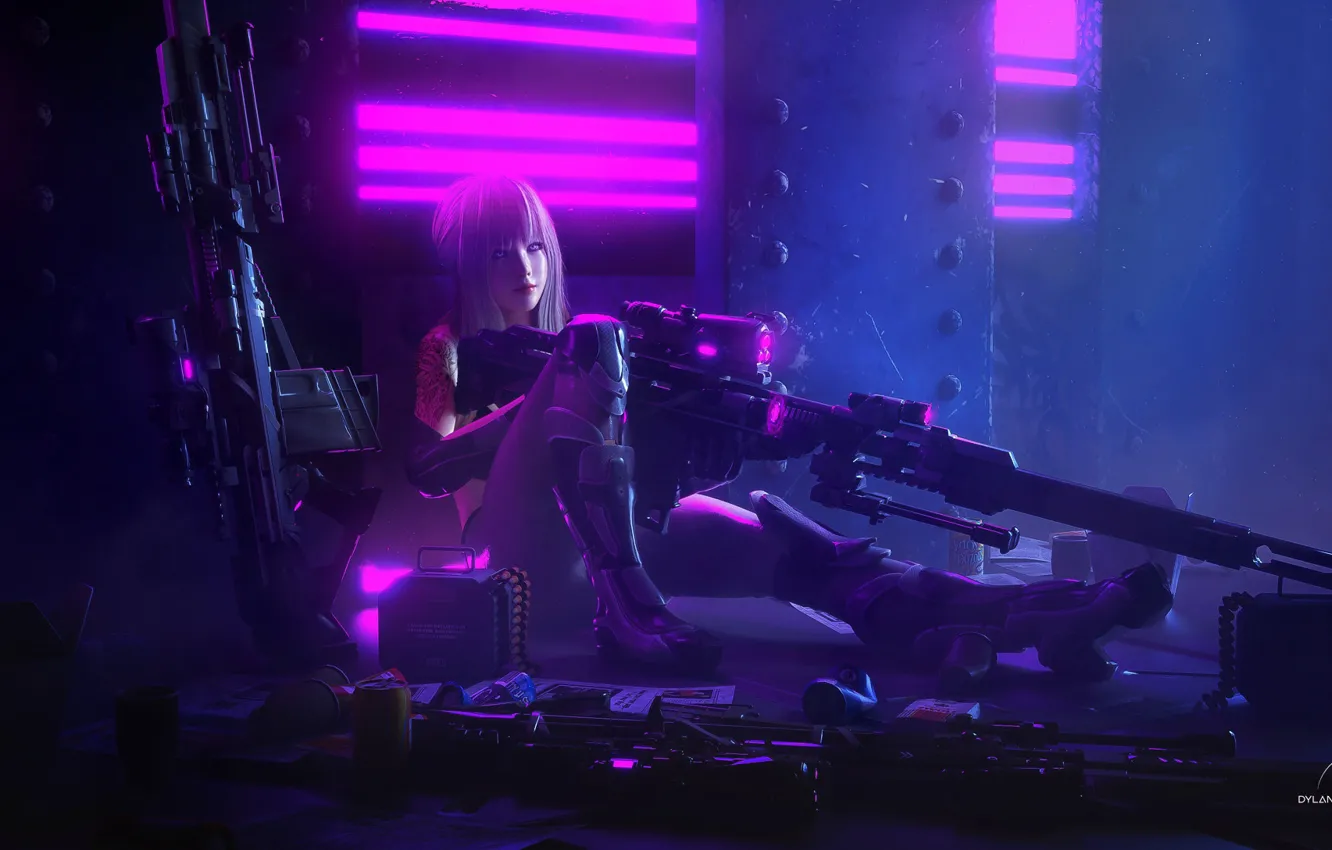 Photo wallpaper look, girl, weapons, art, cyborg, Cyberpunk