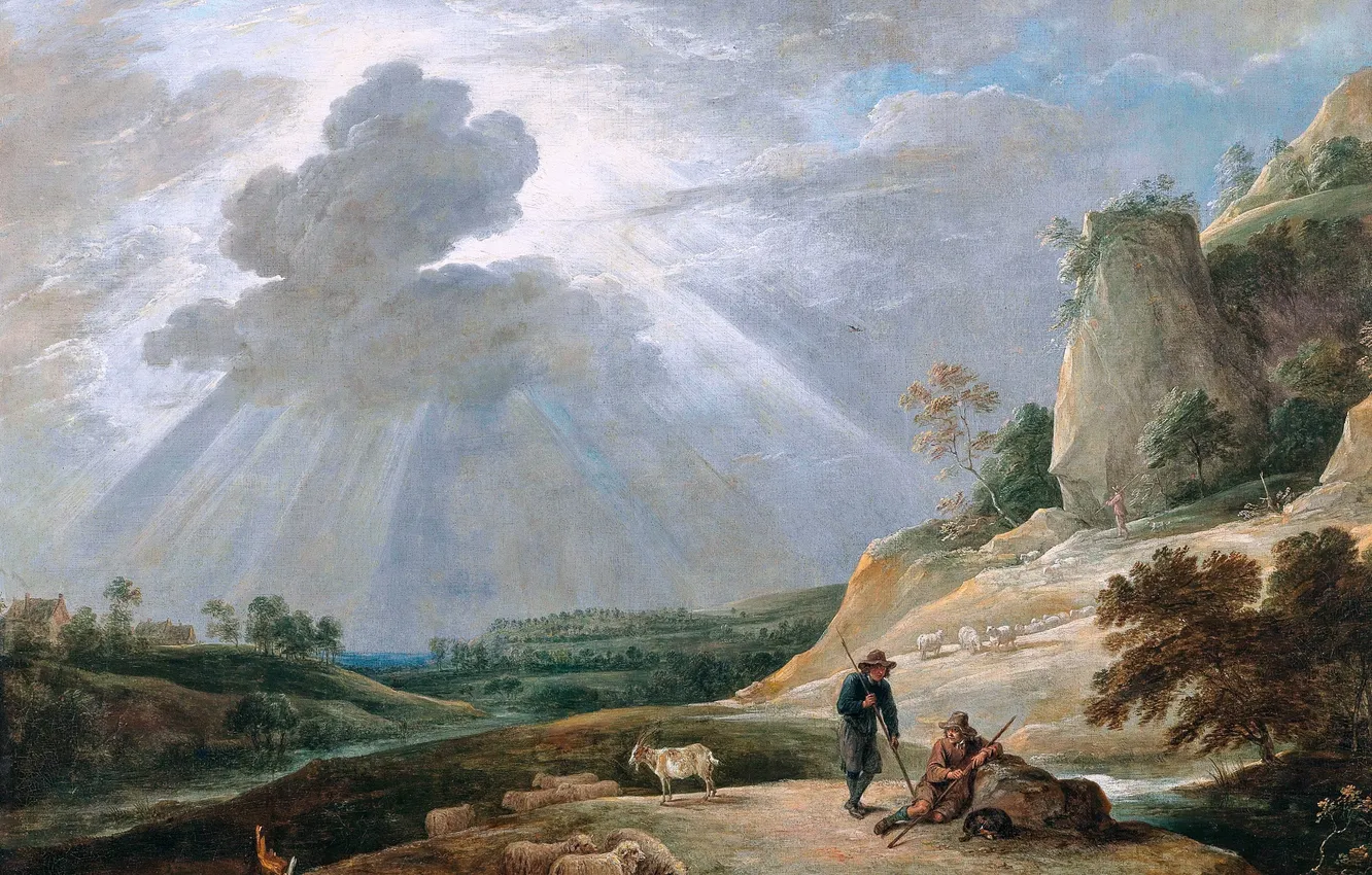 Photo wallpaper clouds, landscape, sheep, picture, goat, shepherd, David Teniers The Younger, Flemish painter