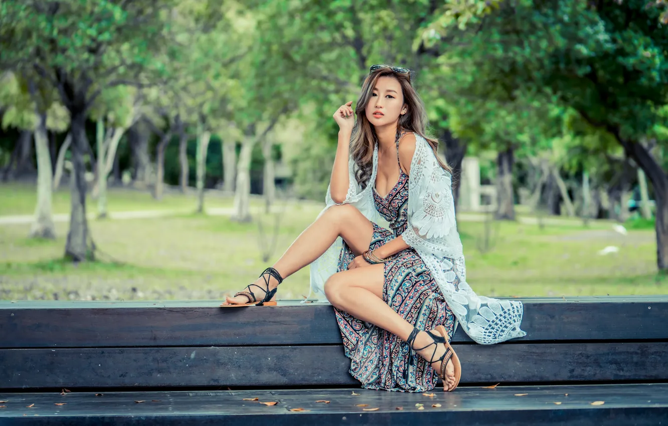 Photo wallpaper girl, feet, dress, bench, Cape