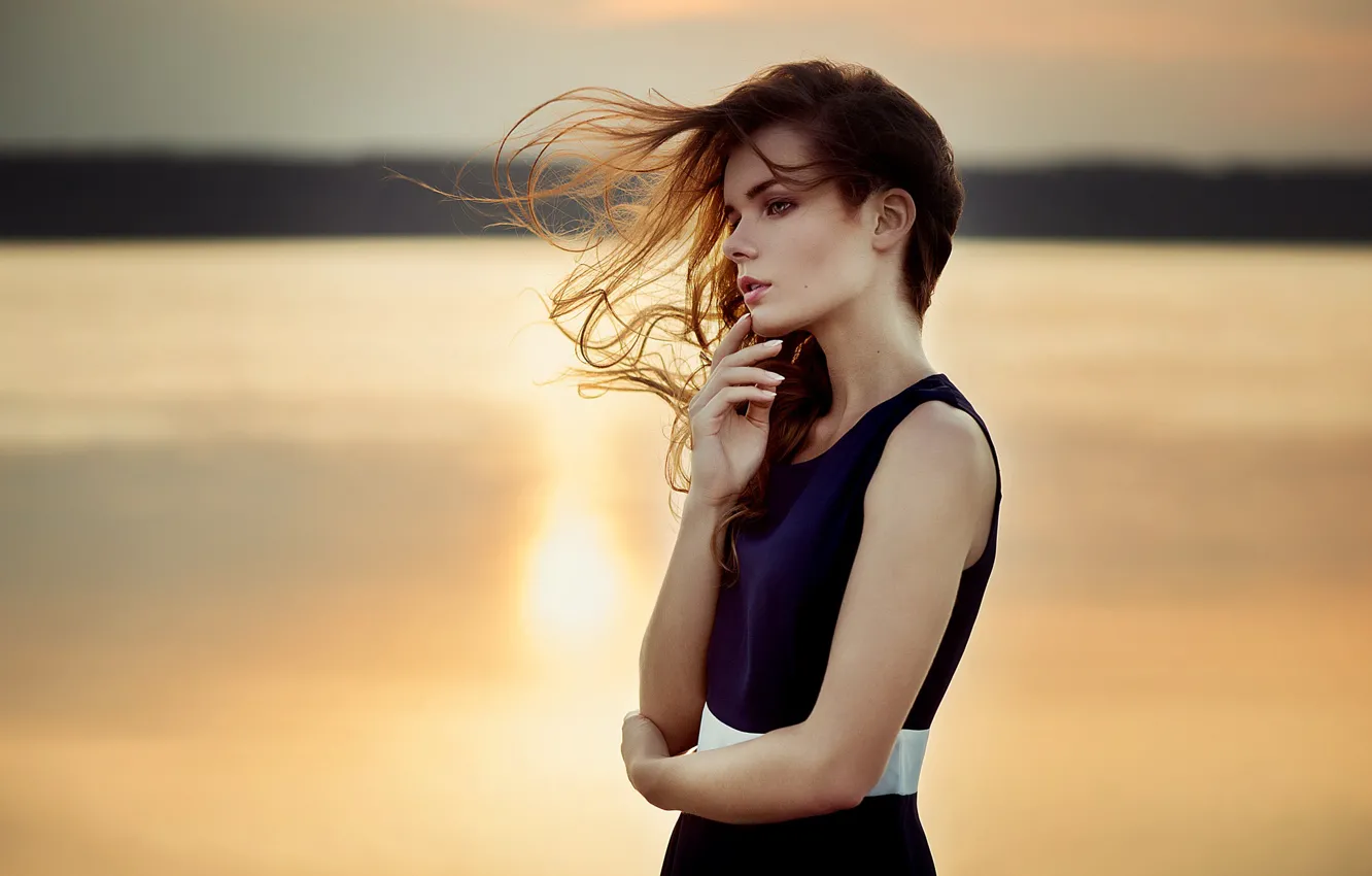 Photo wallpaper girl, light, sunset, river, hair