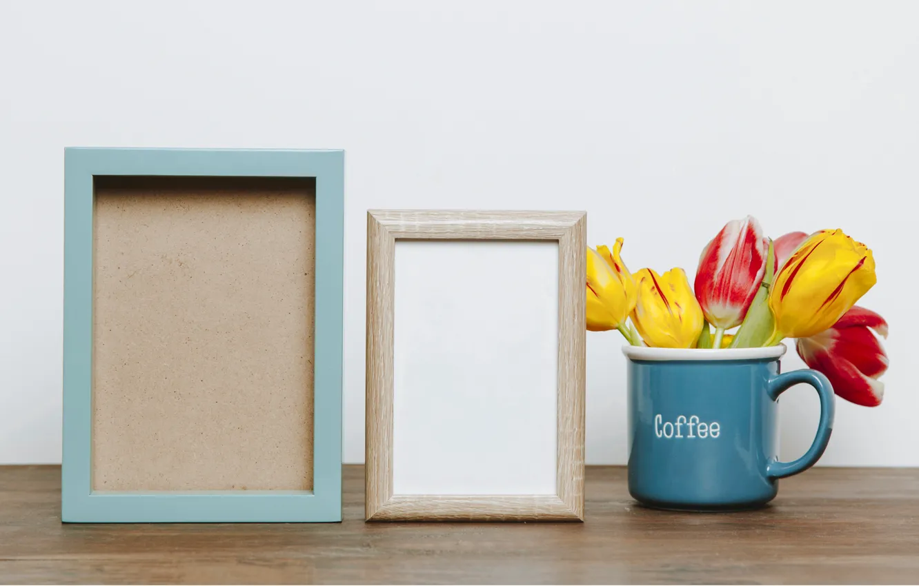Photo wallpaper flowers, photo, bouquet, frame, colorful, mug, tulips, flowers