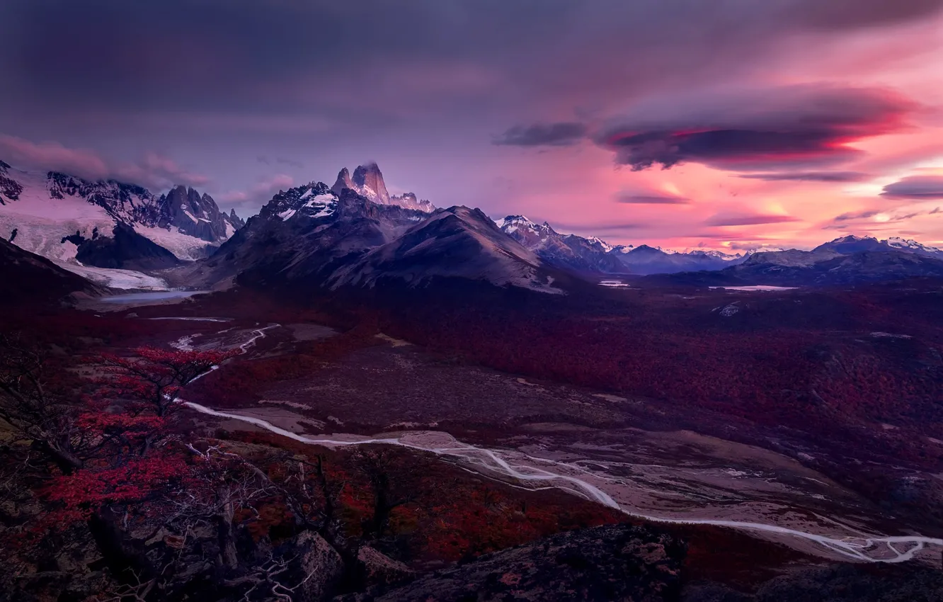 Photo wallpaper the sky, mountains, the evening, morning, valley, Chile, Andes, Patagonia