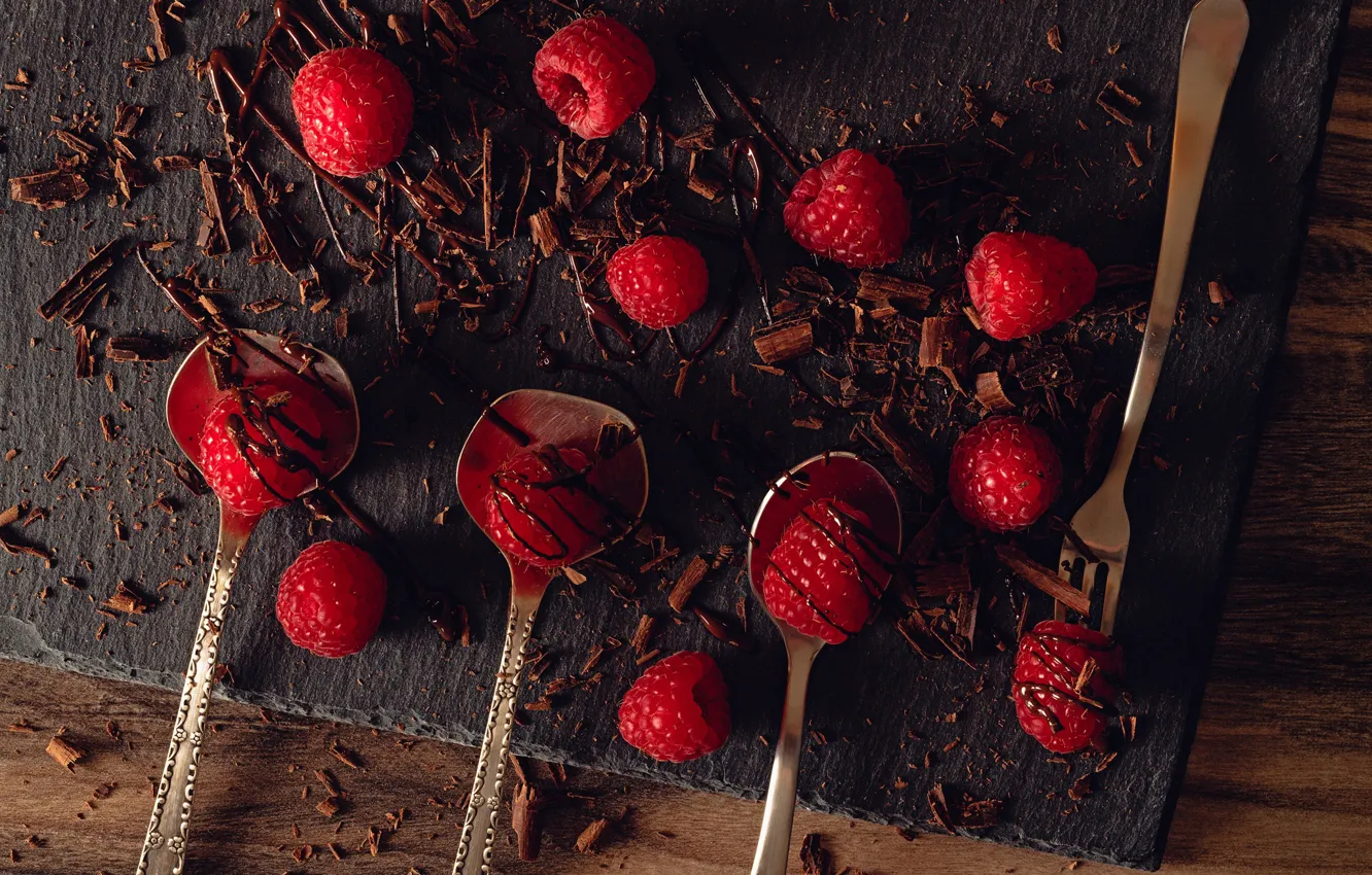 Photo wallpaper berries, raspberry, chocolate, plug, spoon