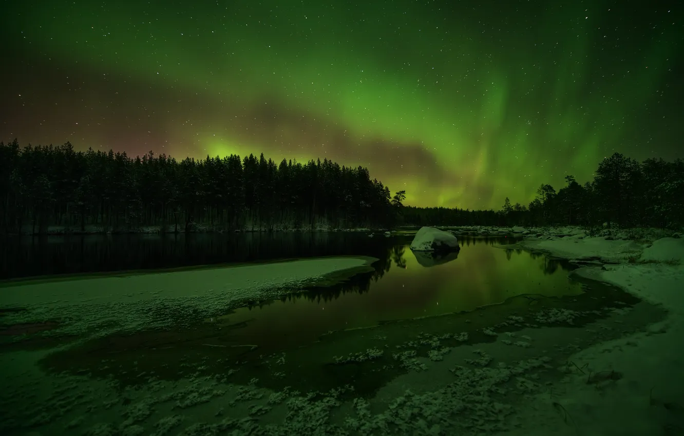 Photo wallpaper landscape, night, polar lights, The Kola Peninsula, Maxim Evdokimov, Kolvica