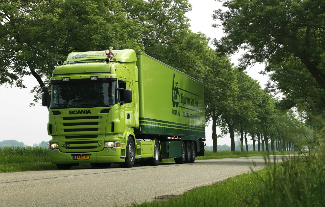 Photo wallpaper Road, Trees, Truck, Car, Green, Green, Truck, Scania