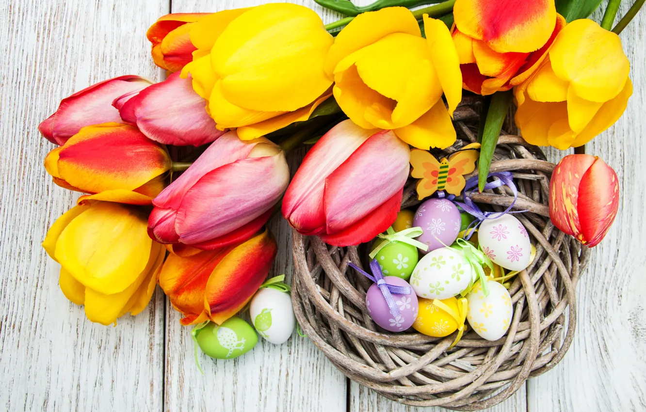 Photo wallpaper flowers, eggs, colorful, Easter, tulips, yellow, wood, pink