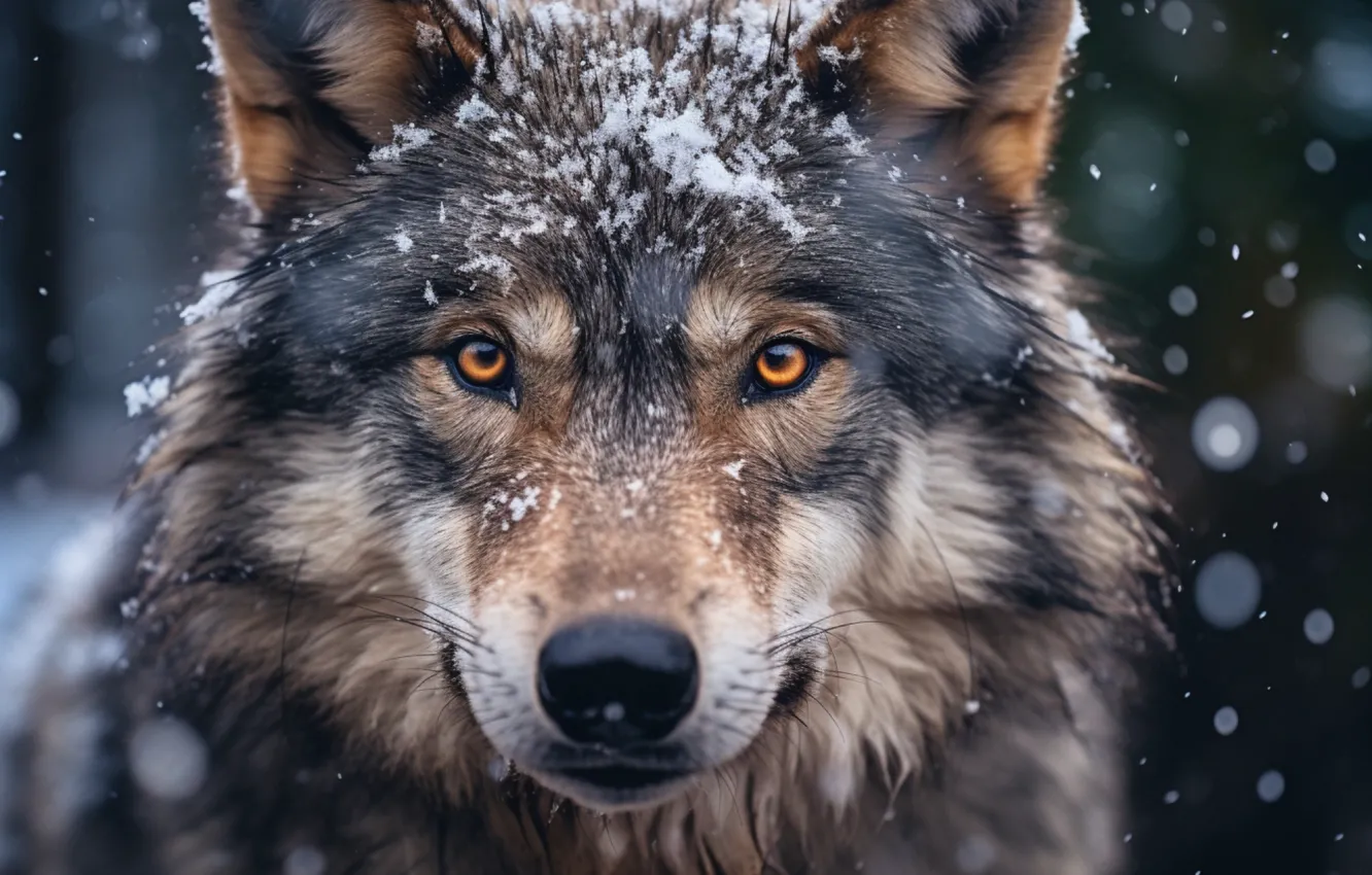 Photo wallpaper eyes, look, face, snow, wolf