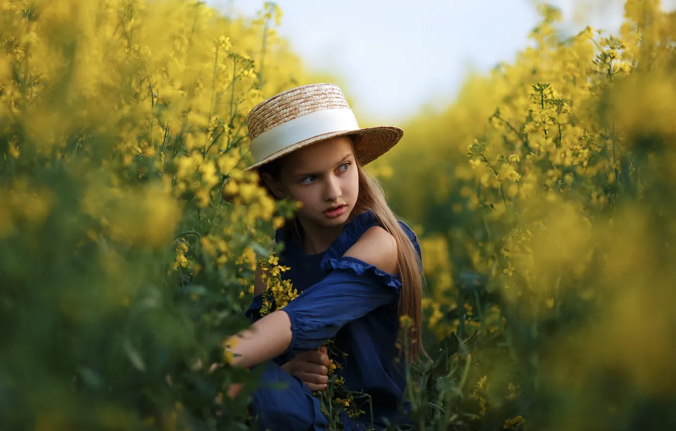 Photo wallpaper field, summer, grass, look, nature, children, hat, dress