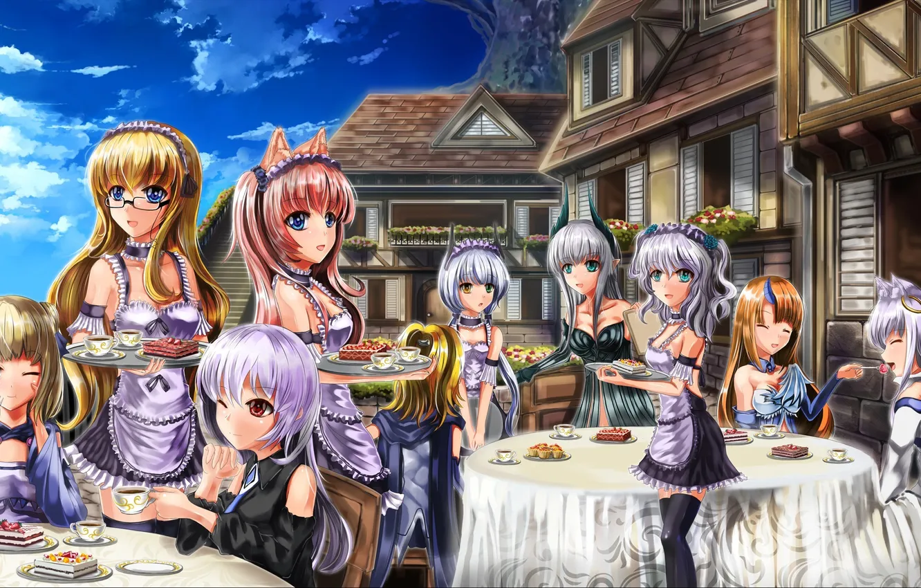 Photo wallpaper girl, emotions, tea, coffee, art, glasses, cafe, neko