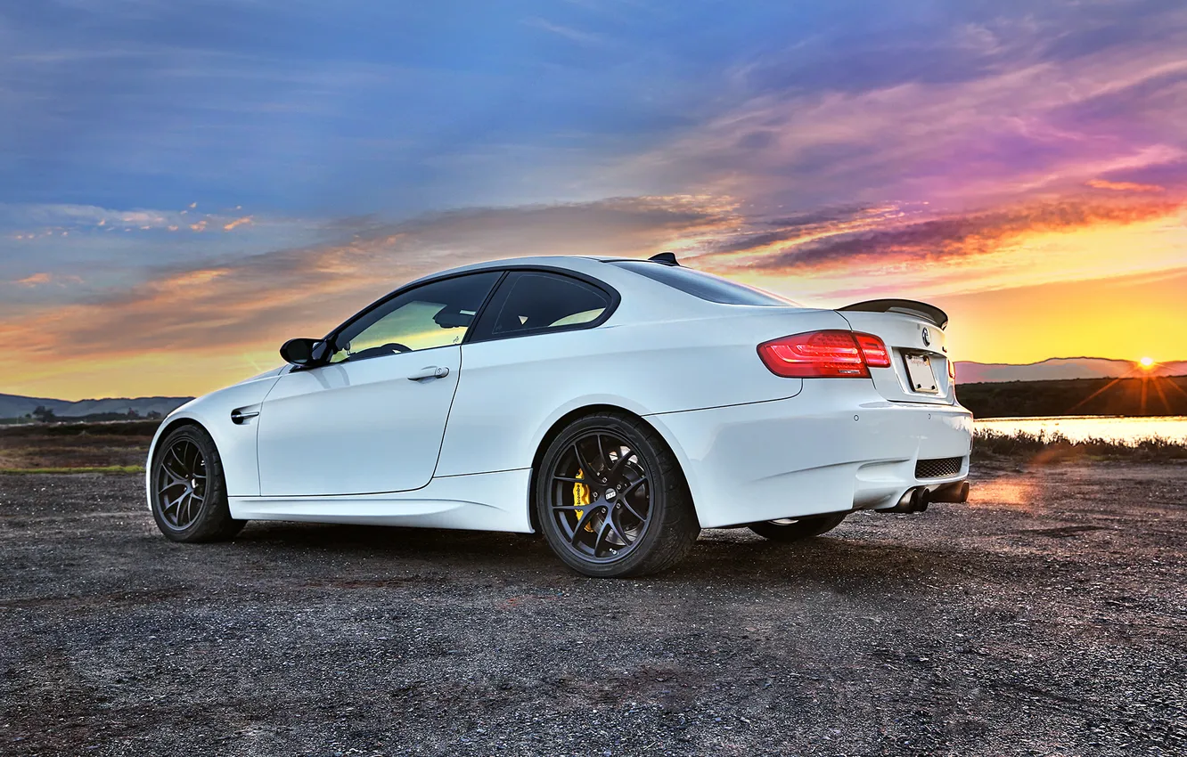 Photo wallpaper white, the sky, clouds, sunset, bmw, BMW, white, wheels