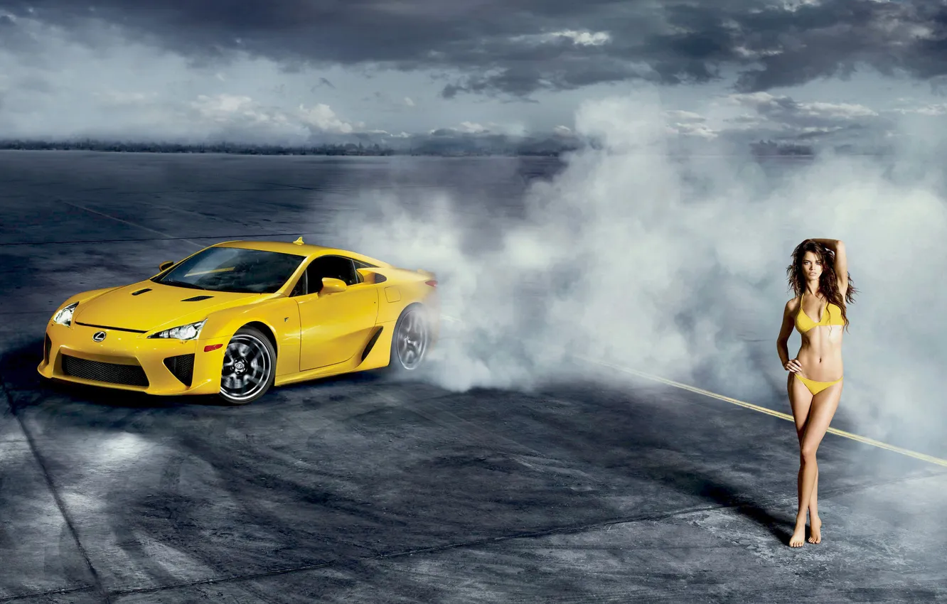 Photo wallpaper swimsuit, girl, clouds, yellow, street, smoke, Lexus, drift