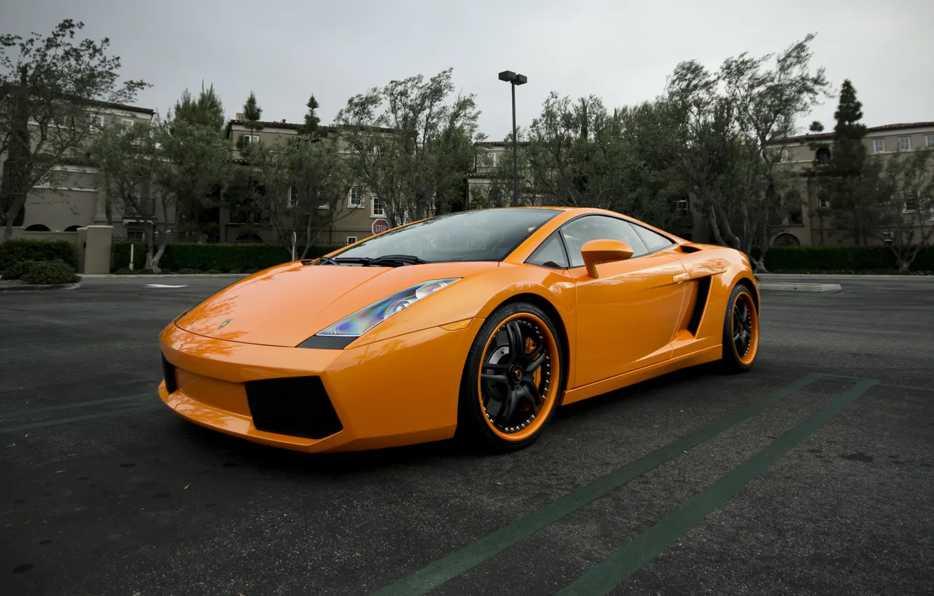 Photo wallpaper the sky, trees, orange, building, Lamborghini, lights, Parking, Gallardo
