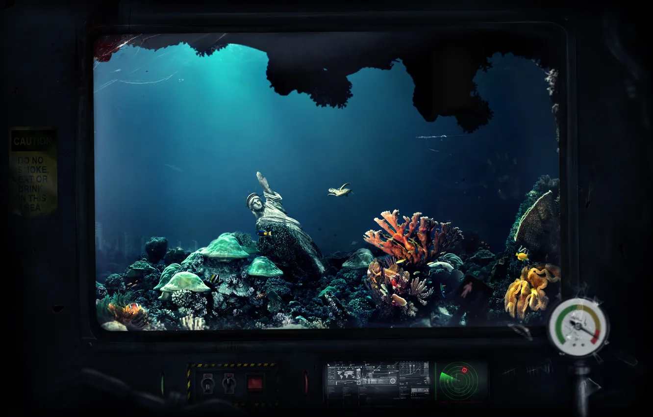 Photo wallpaper the statue of liberty, under water, behind the glass