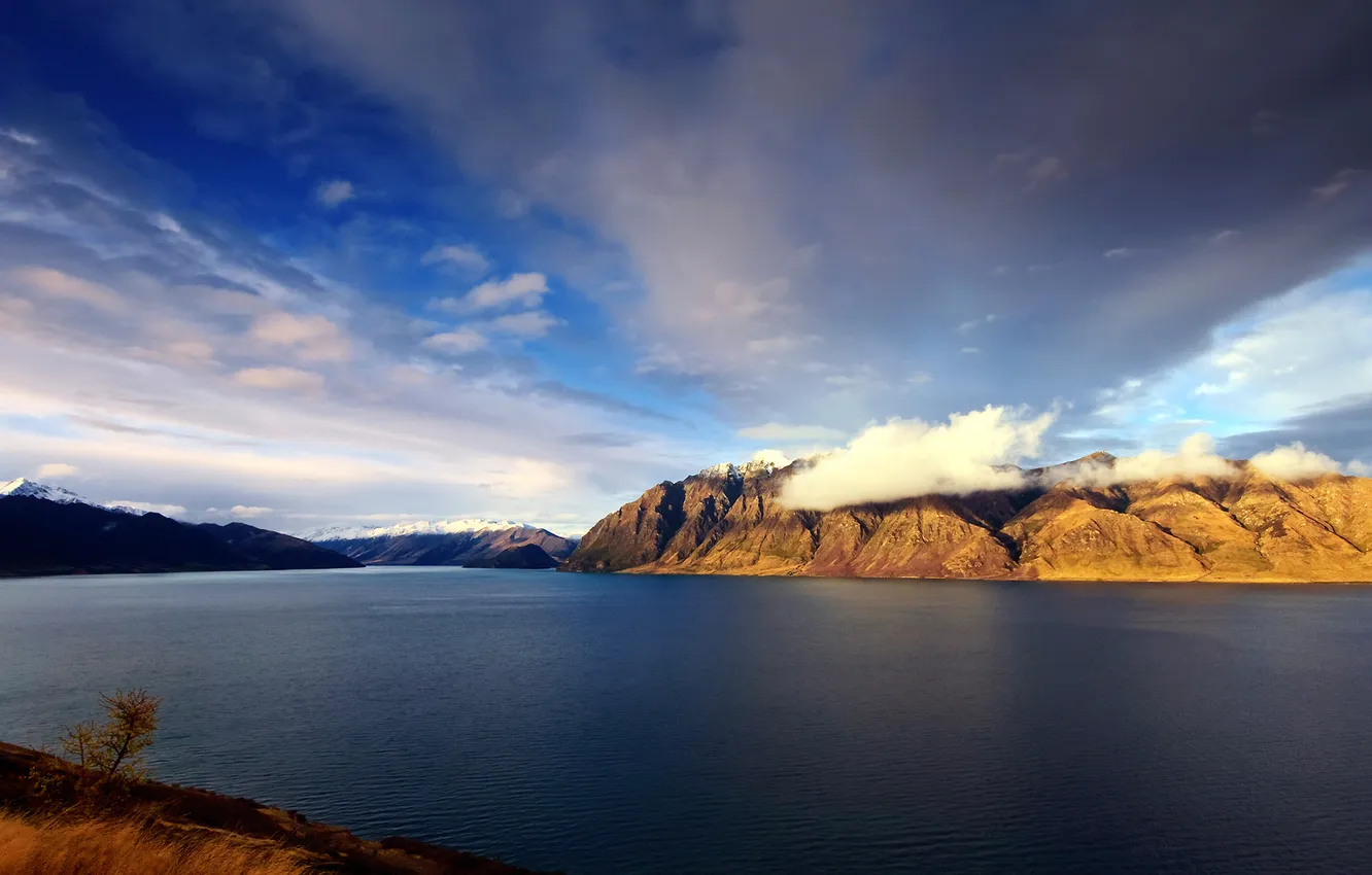 Photo wallpaper clouds, mountains, nature, river