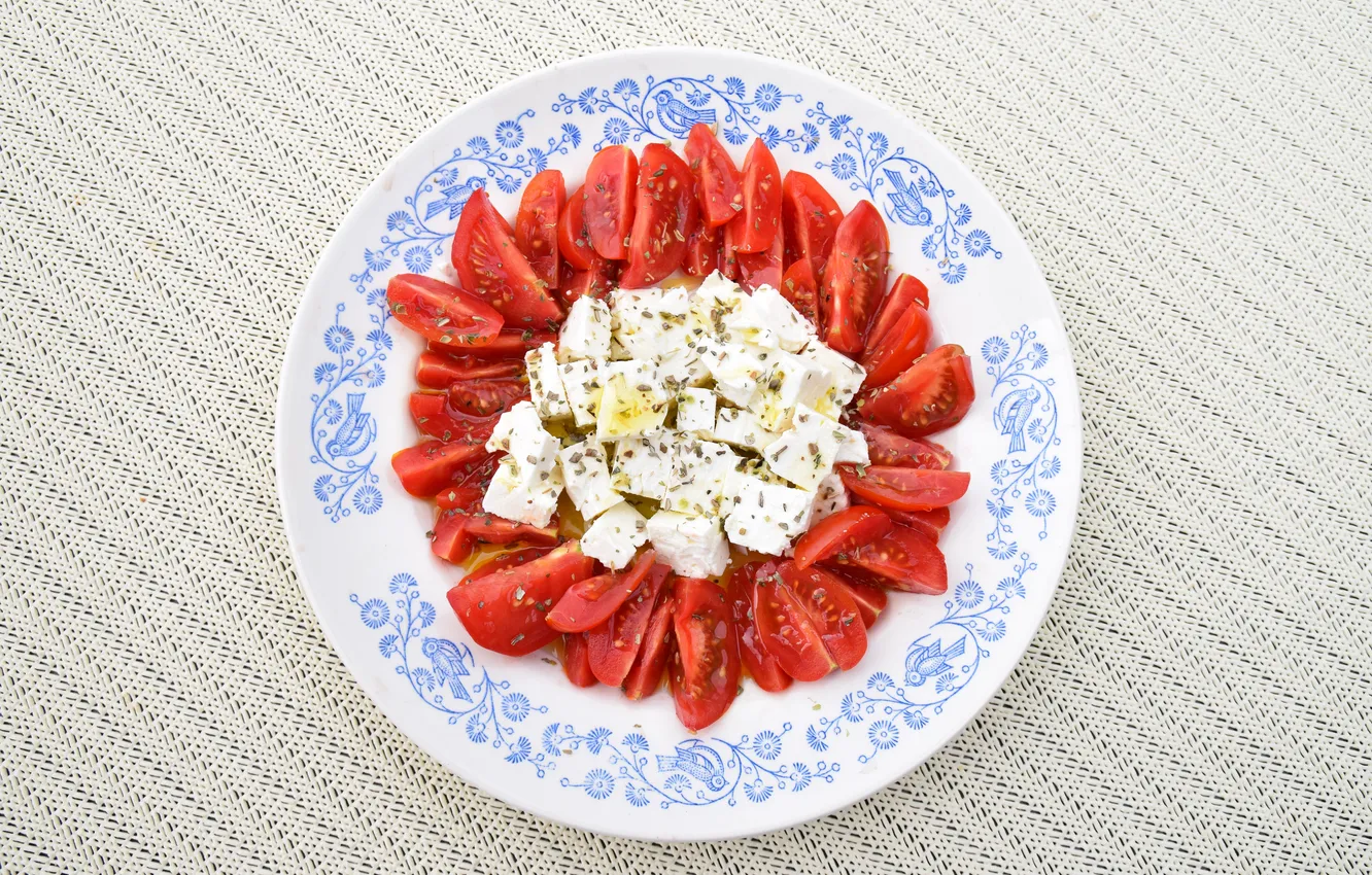Photo wallpaper tomatoes, cheese, salad, olive oil, oregano