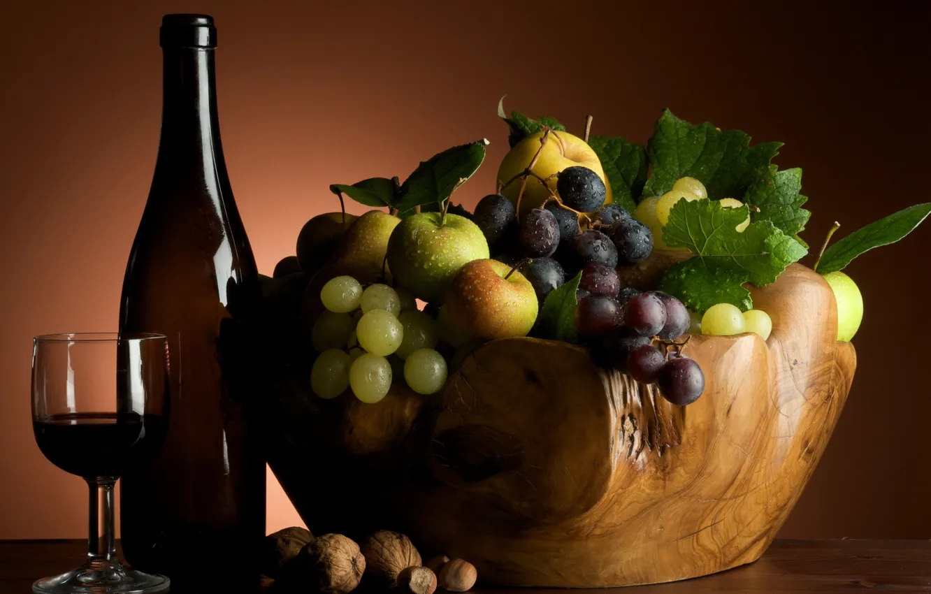 Photo wallpaper berries, wine, apples, glass, bottle, grapes, fruit, nuts