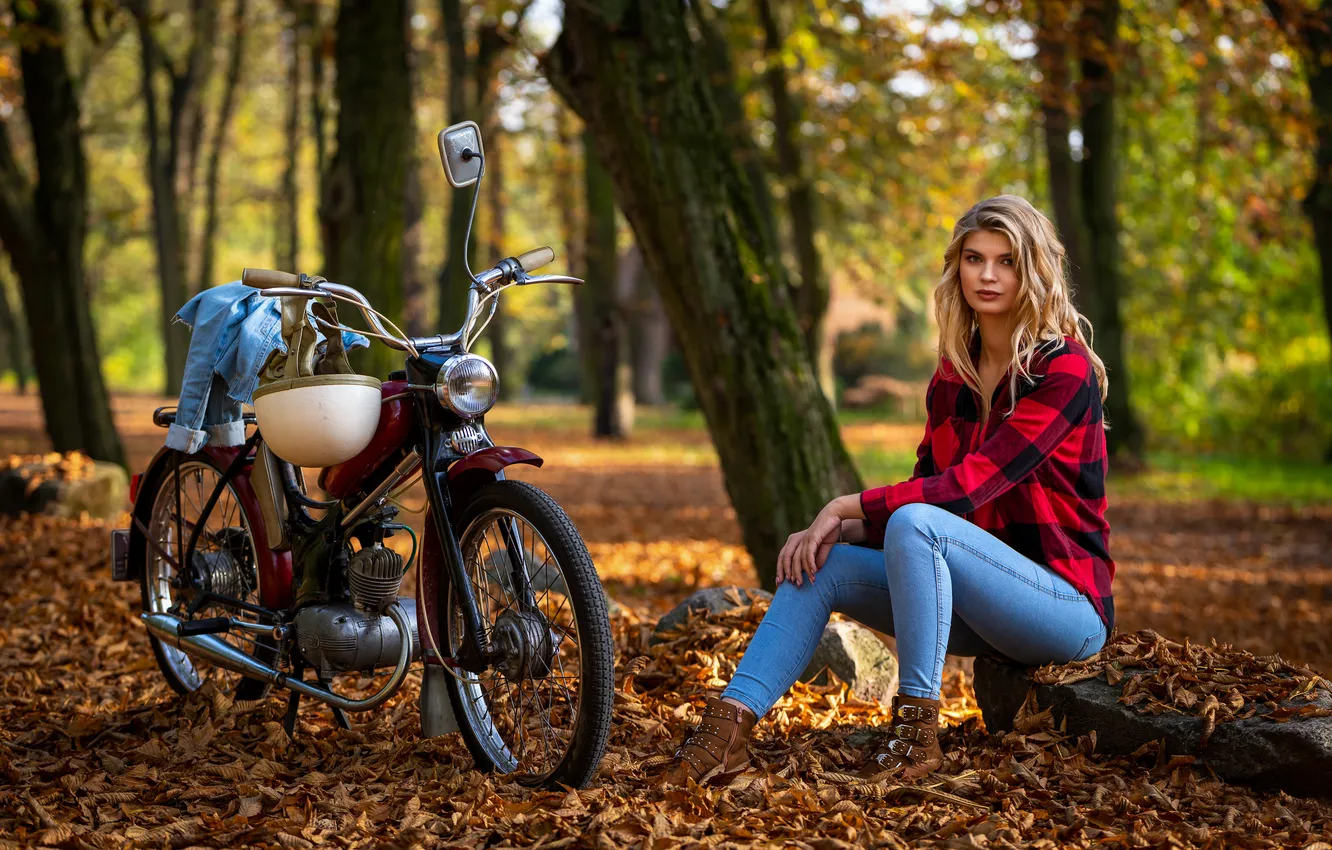 Photo wallpaper autumn, leaves, jeans, moped, blonde, shirt, Sara