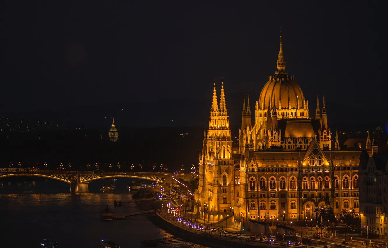 Photo wallpaper night, lights, Parliament, Hungary, Budapest