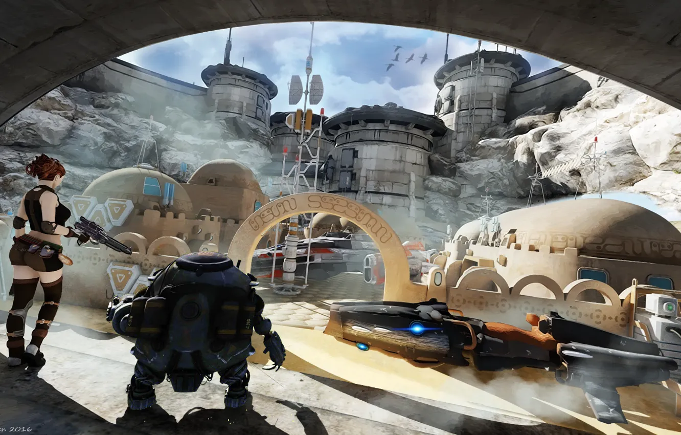 Photo wallpaper robot, construction, settlement, aircraft, Desert Outpost