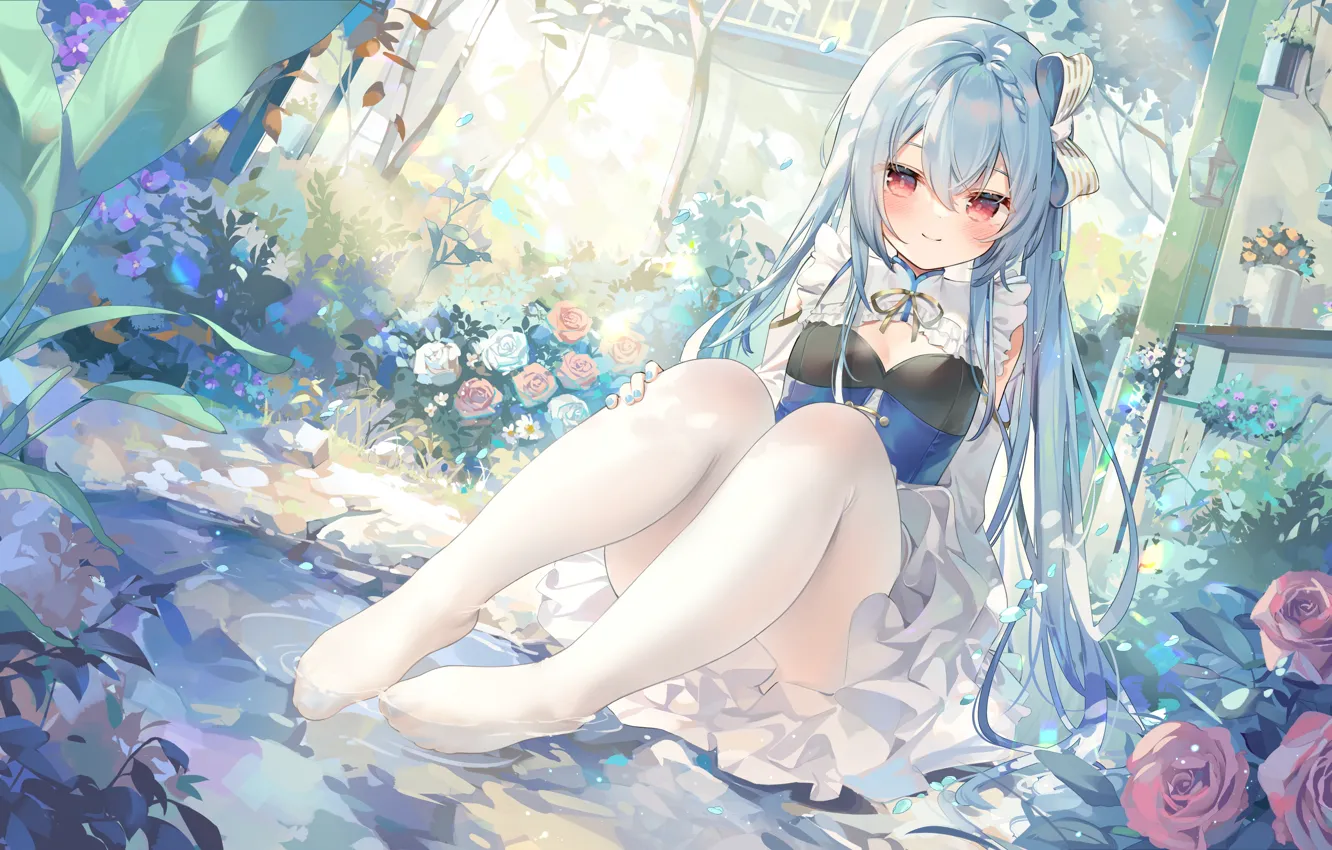 Photo wallpaper girl, flowers, pond, garden