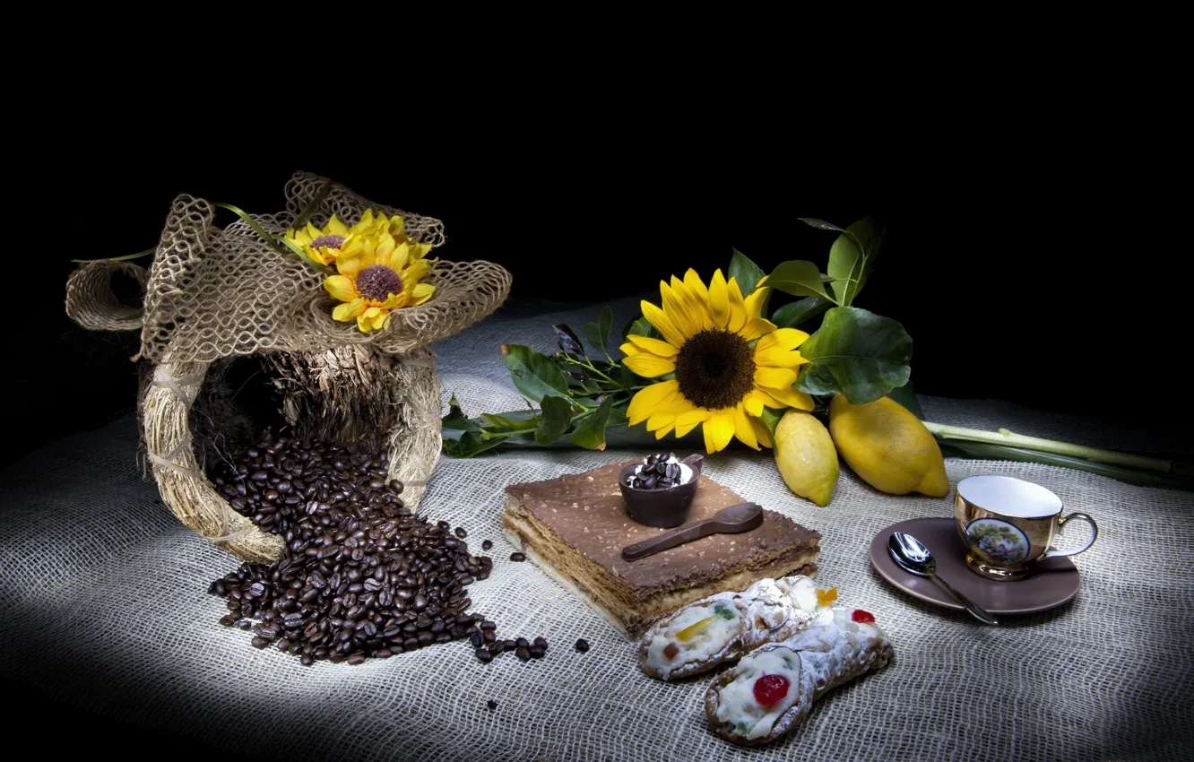 Photo wallpaper cake, Flowers, cup, beans, coffee, cream, dessert, bag