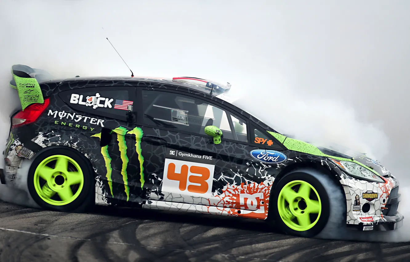 Photo wallpaper Ford, drift, smoke, tuning, Monster Energy, Ken Block, Fiesta, Sportcar