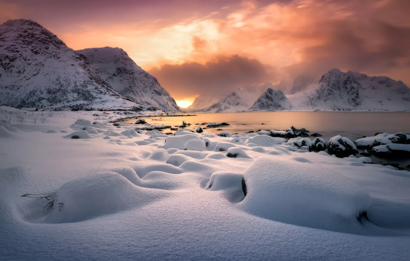 Photo wallpaper winter, clouds, light, mountains, Norway, North, the fjord