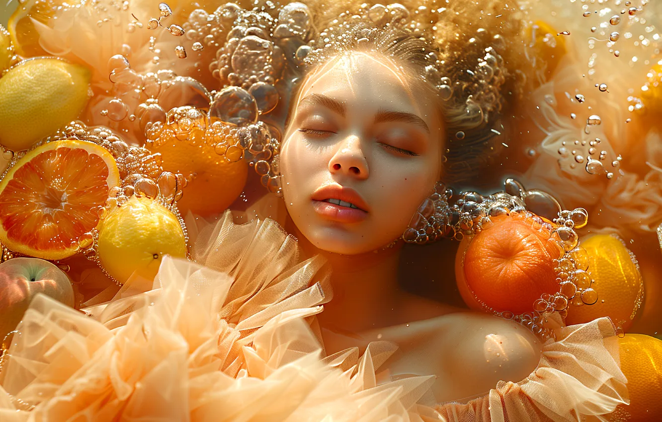 Photo wallpaper water, girl, light, bubbles, face, pose, lemon, orange