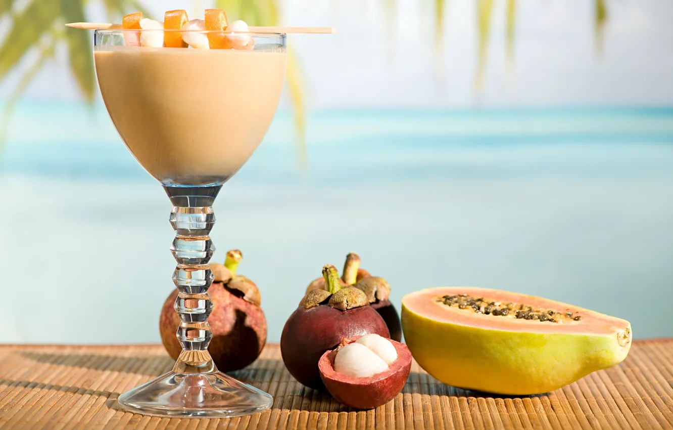 Photo wallpaper macro, glass, cocktail, drink, fruit, papaya, Mat, mangosteen