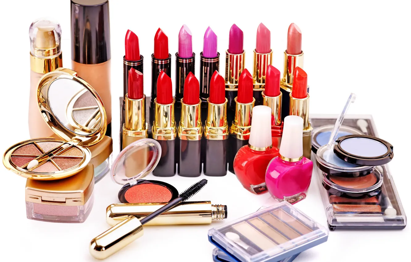 Photo wallpaper shadow, lipstick, mascara, cosmetics, lacquer, blush, white background, concealer