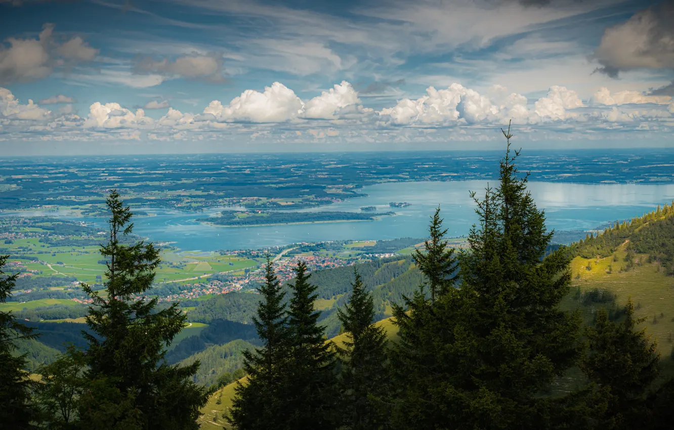 Photo wallpaper forest, the sky, clouds, mountains, lake, river, blue, hills