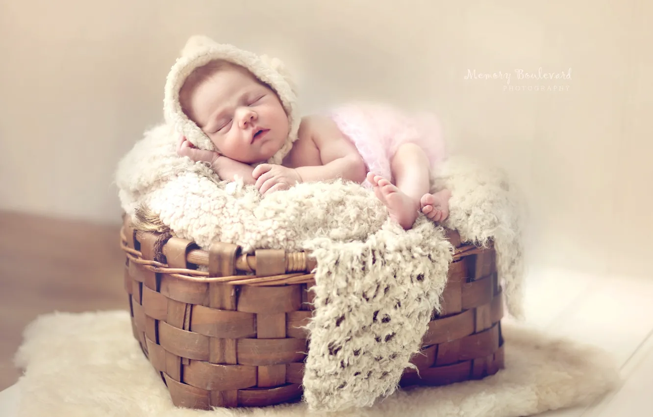 Photo wallpaper basket, sleep, girl, fur, basket, baby, cap, baby