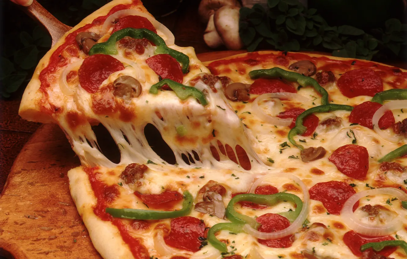 Photo wallpaper mushrooms, cheese, bow, pizza, tomato, olives, sausage, dish