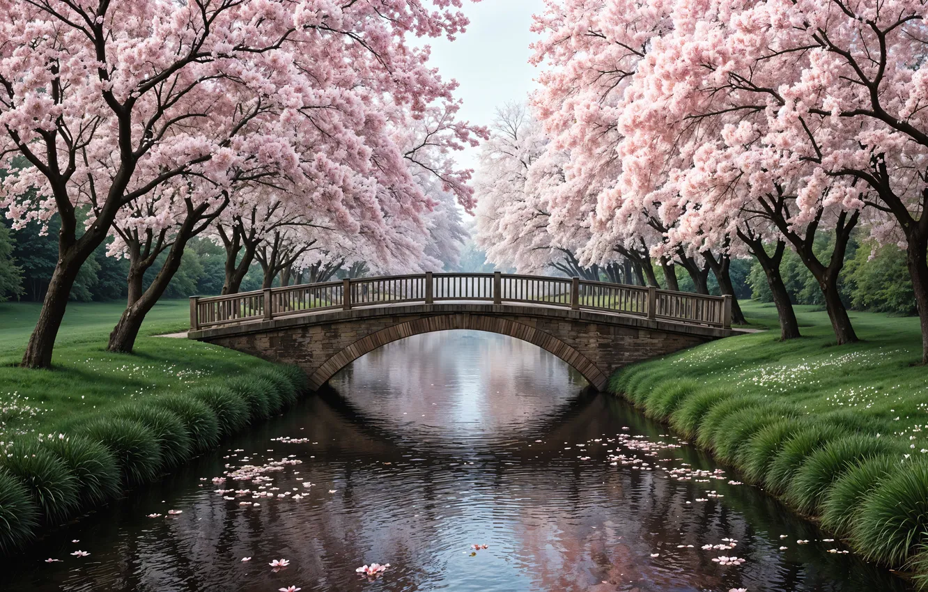 Photo wallpaper trees, bridge, Park, river, spring, Sakura, flowering, trees