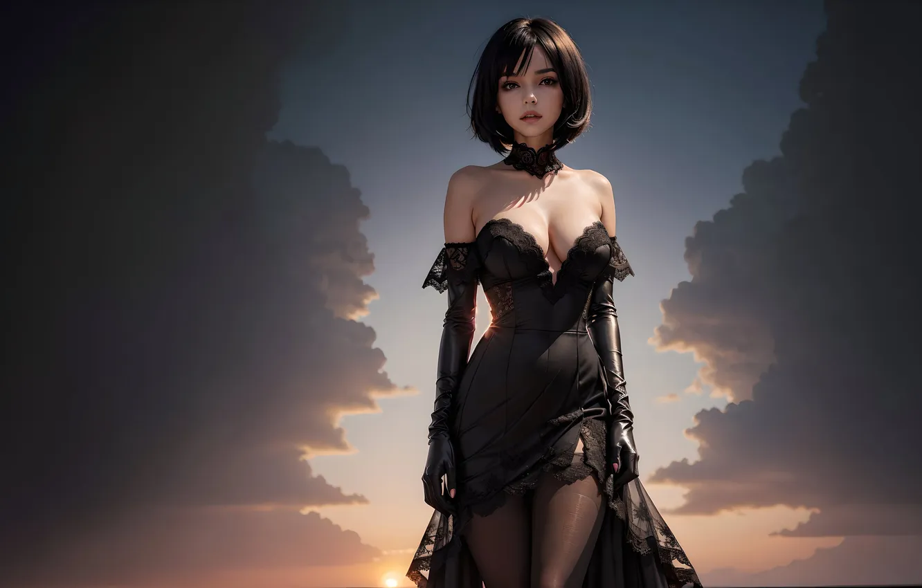 Photo wallpaper the sky, look, girl, sunset, evening dress, digital art, art work Razor127, AI ART