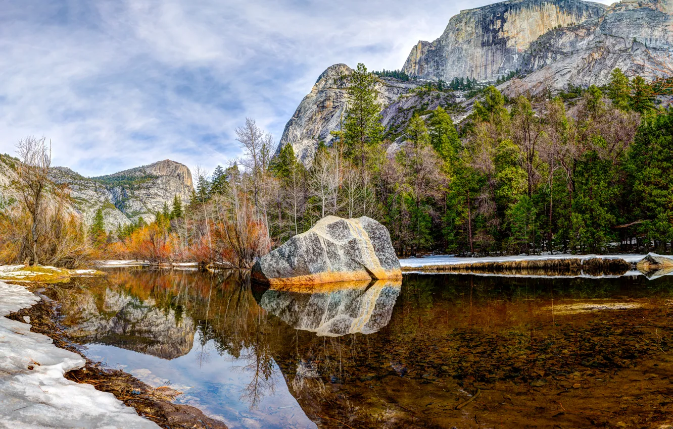 Photo wallpaper the sky, clouds, trees, mountains, lake, stone, Yosemite, National Park