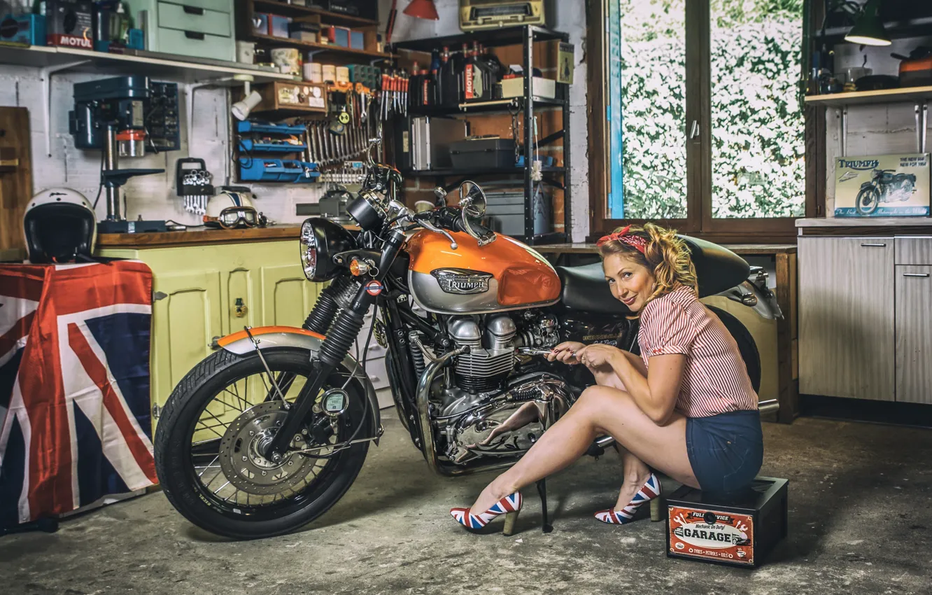 Photo wallpaper woman, garage, motorcycle