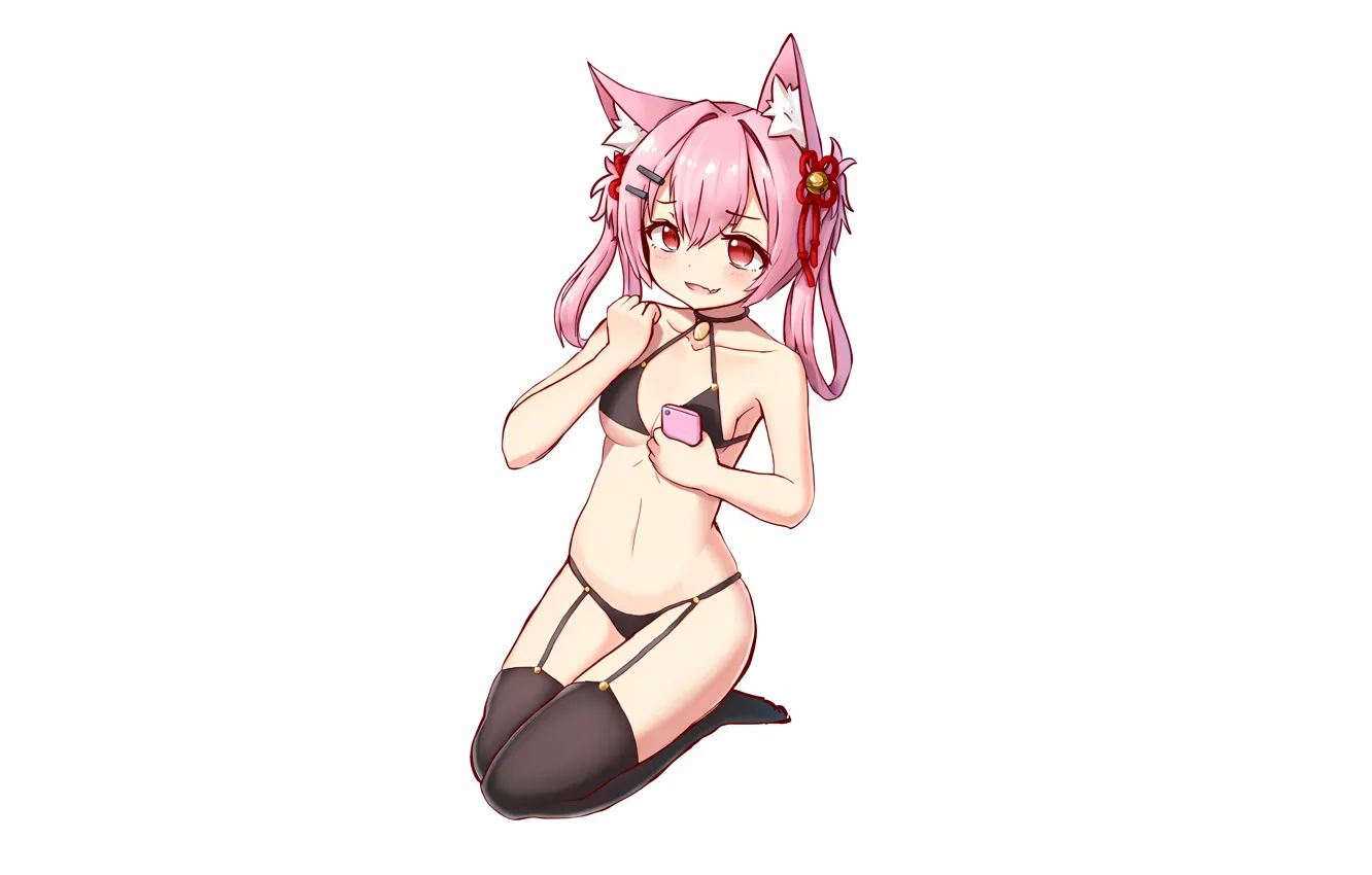 Photo wallpaper girl, sexy, lingerie, bra, cleavage, panties, thighhighs, pink hair